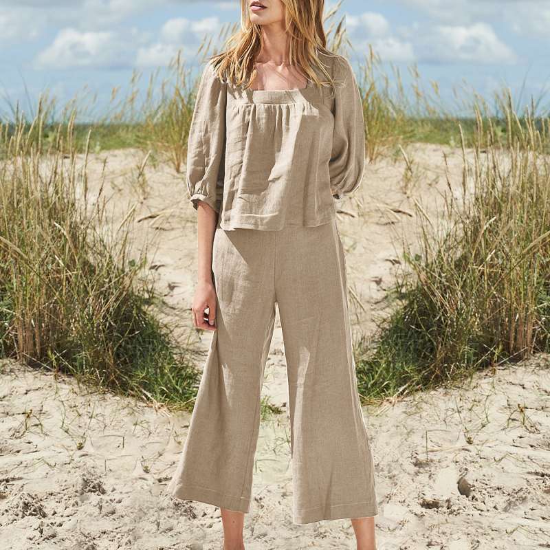 plus Size Women Clothing Solid Color Pants Suit Cotton Linen Casual Long Sleeve Loose Cotton Suit
