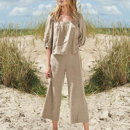 plus Size Women Clothing Solid Color Pants Suit Cotton Linen Casual Long Sleeve Loose Cotton Suit