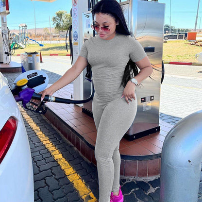 Women Clothing Winter round Neck Zipper Solid Color Short Sleeve Trousers Sports Jumpsuit Women