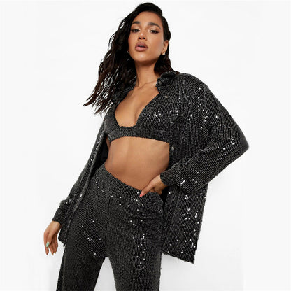 Sequined Long Sleeve Tops Shirt Women V neck Vest Straight Leg Pants Three Piece Set Sexy Spring Summer Party Set