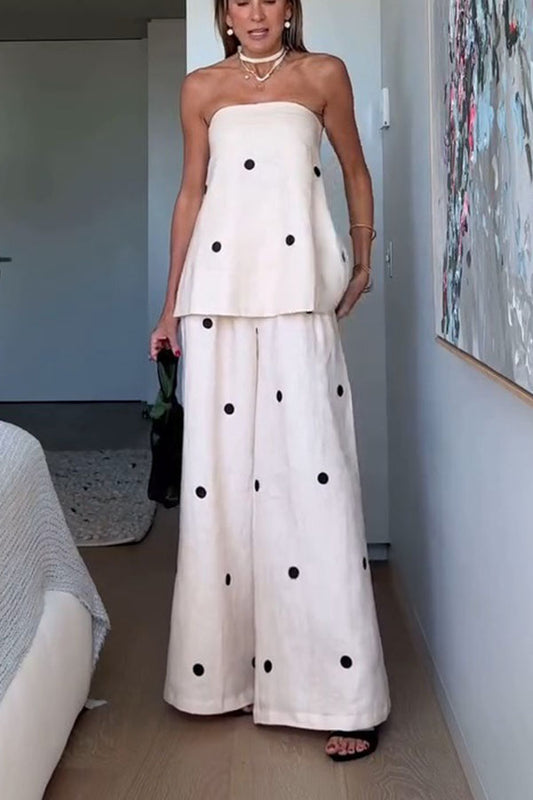 Linen Blend Polka Dot Bandeau Top and Elastic Waist Pocket Wide Leg Pants Set