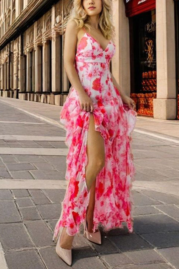 Millie | Floral Ruffle Long Skirt Women's Fashion Chiffon Printed Fairy Style Long Style Evening Dress Coupon