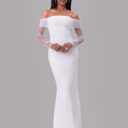 Spring Women Clothing Sexy off the Shoulder Mesh See through Maxi Dress Women