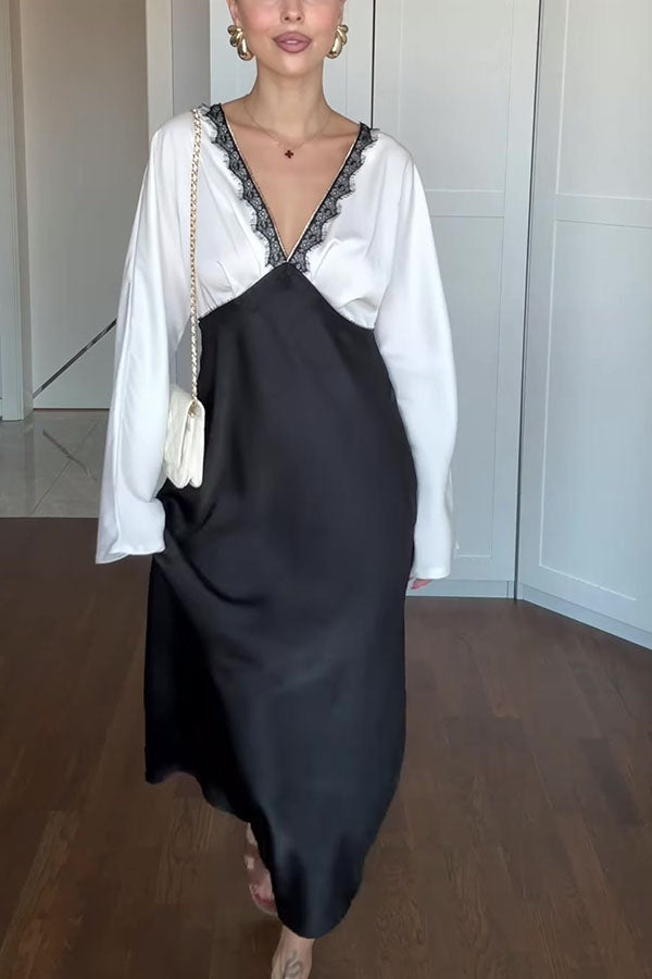 Lainei Contrast Color Satin Lace Trim V-neck Long Sleeve Maxi Dress