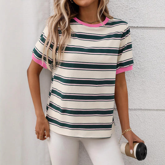 Summer round Neck Loose Top Striped Contrast Color Short Sleeve T shirt