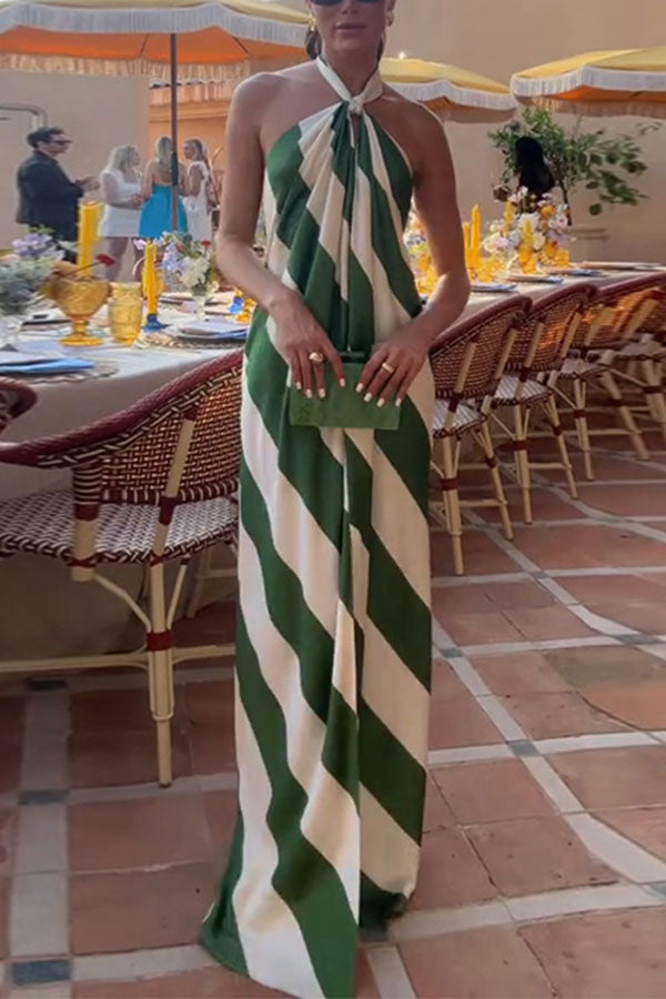 Most Dreamy Stripe Print Halter Tie-up Backless Pocket Loose Maxi Dress