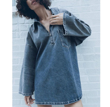 Spring Summer Collared Patch Pocket Bell Sleeve Denim Dress