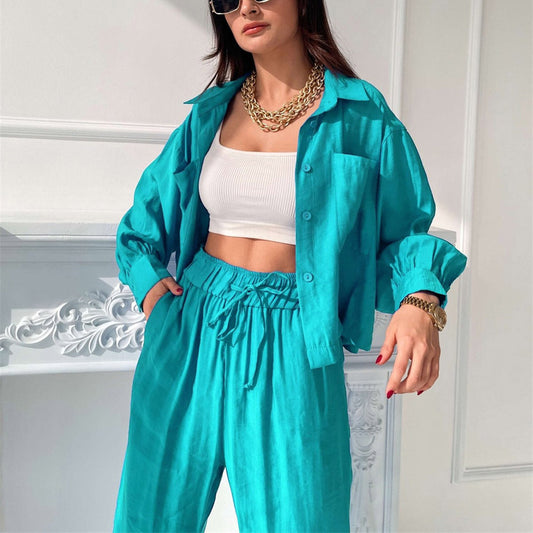 Women Commuting Wear Spring Summer Polo Collar Shirt Top Split Wide Leg Pants Two Piece Set Casual Set