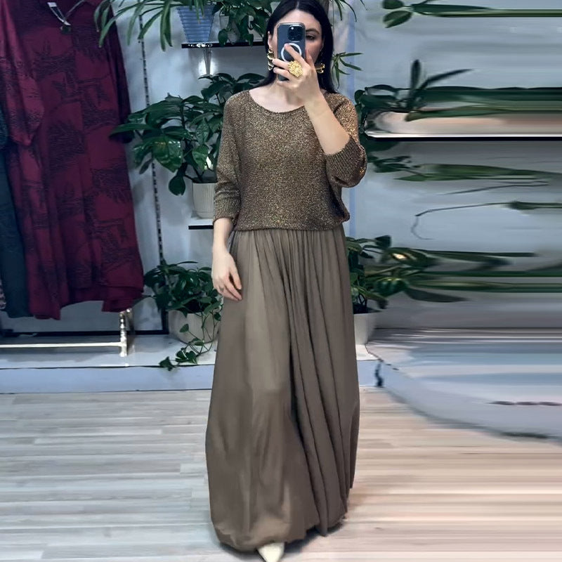Spring Golden Long Sleeve Top Skirt Two Piece Set Women Clothing Skirts Set