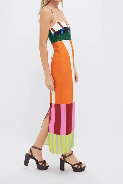 Beach Moment Linen Blend Unique Color Block Slip Maxi Dress