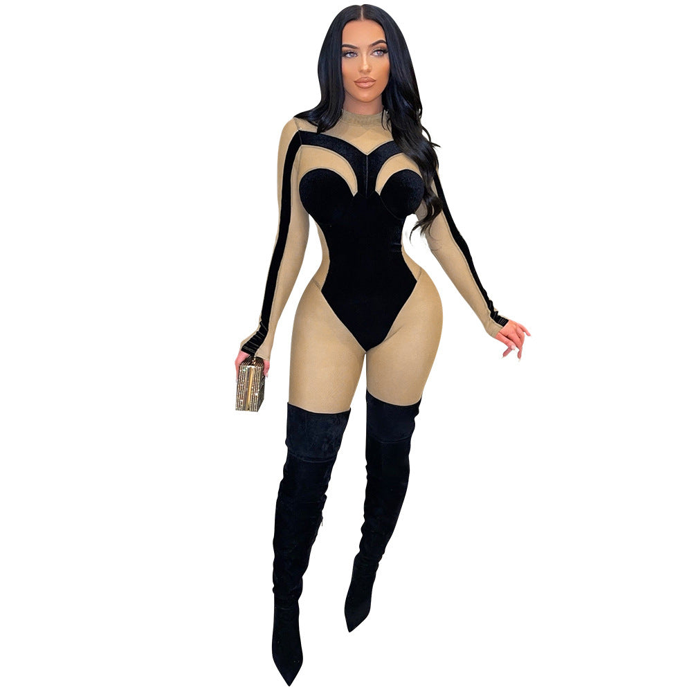 Sexy See-through Velvet Tight Slimming Sheath Jumpsuit
