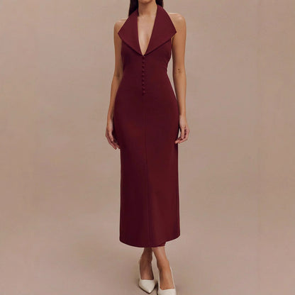 Sexy Women Clothing Sexy Backless V neck Midi Dress Skinny Sheath Split Halter Dress