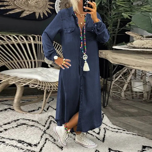 Vestido vaquero informal de verano con cuello y botones para mujer | Ideal para primavera/verano