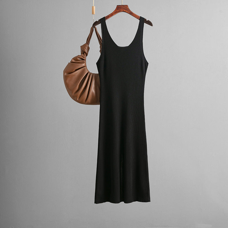 Sexy Knitted Sling Dress Summer Solid Color Back Slit Sheath Maxi Dress