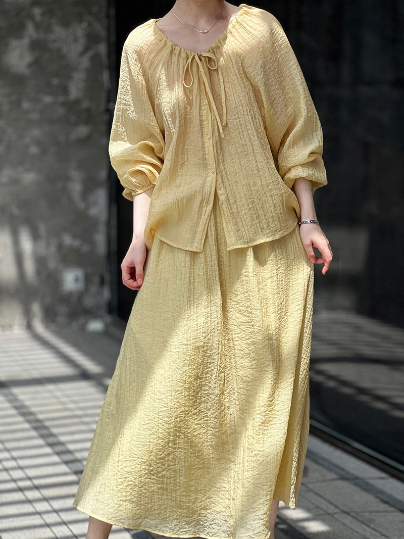 Gentle Drawstring Lace Pleated Sun Protection Shirt Skirt Two Piece Set Vacation Suit