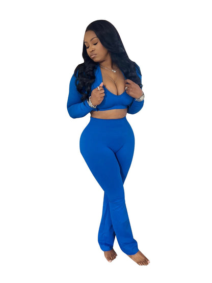 Women Clothing Basic Solid Color Short Top High Waist Bootcut Sports Casual Three Piece Suit Suit