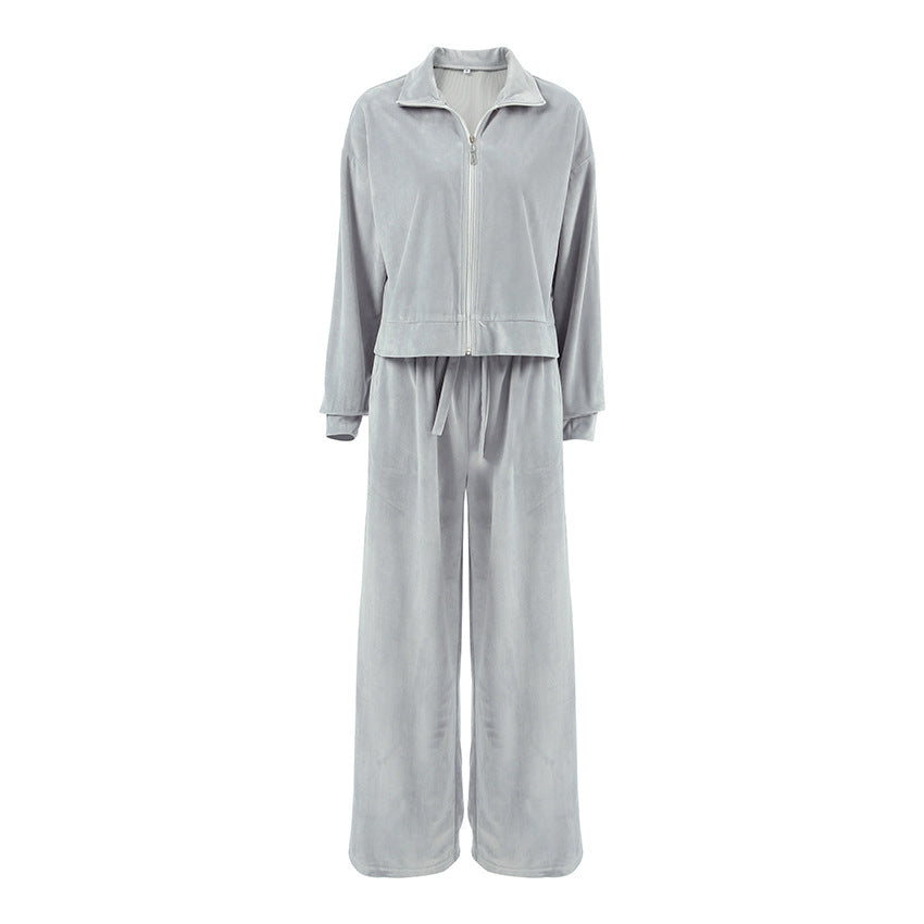 Collared Long Sleeved Trousers Loose Sweater Autumn Winter Two Piece Set