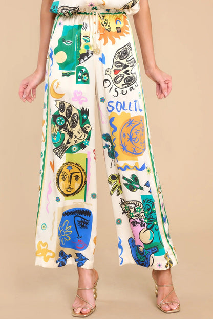 Summer Graffiti Printing Satin Short Sleeve Collared Shirt Trousers Casual Two Piece Suit Amplified craft