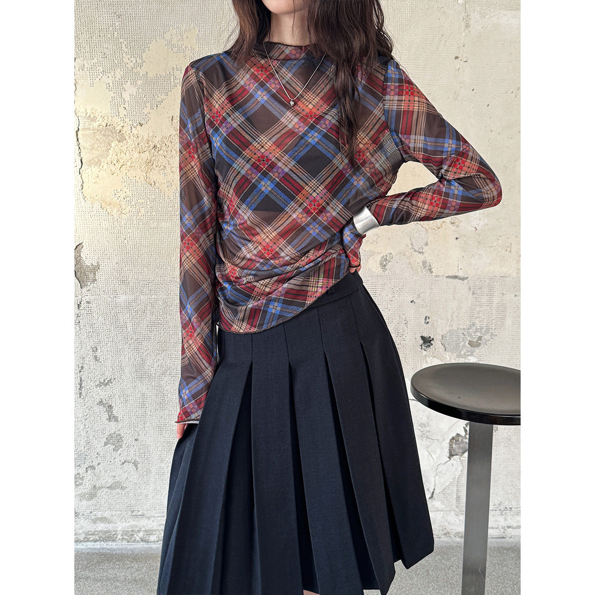 Plaid Mesh T shirt Women Spring Sexy Pleated Waist Tight Slimming Bottoming Top
