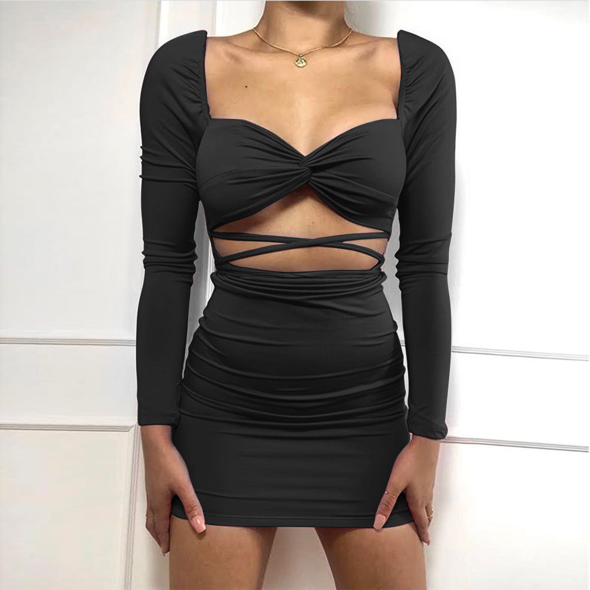 Autumn Winter Long Sleeve Dress Hollow Out Cutout Sexy Backless Low Cut Dress Short