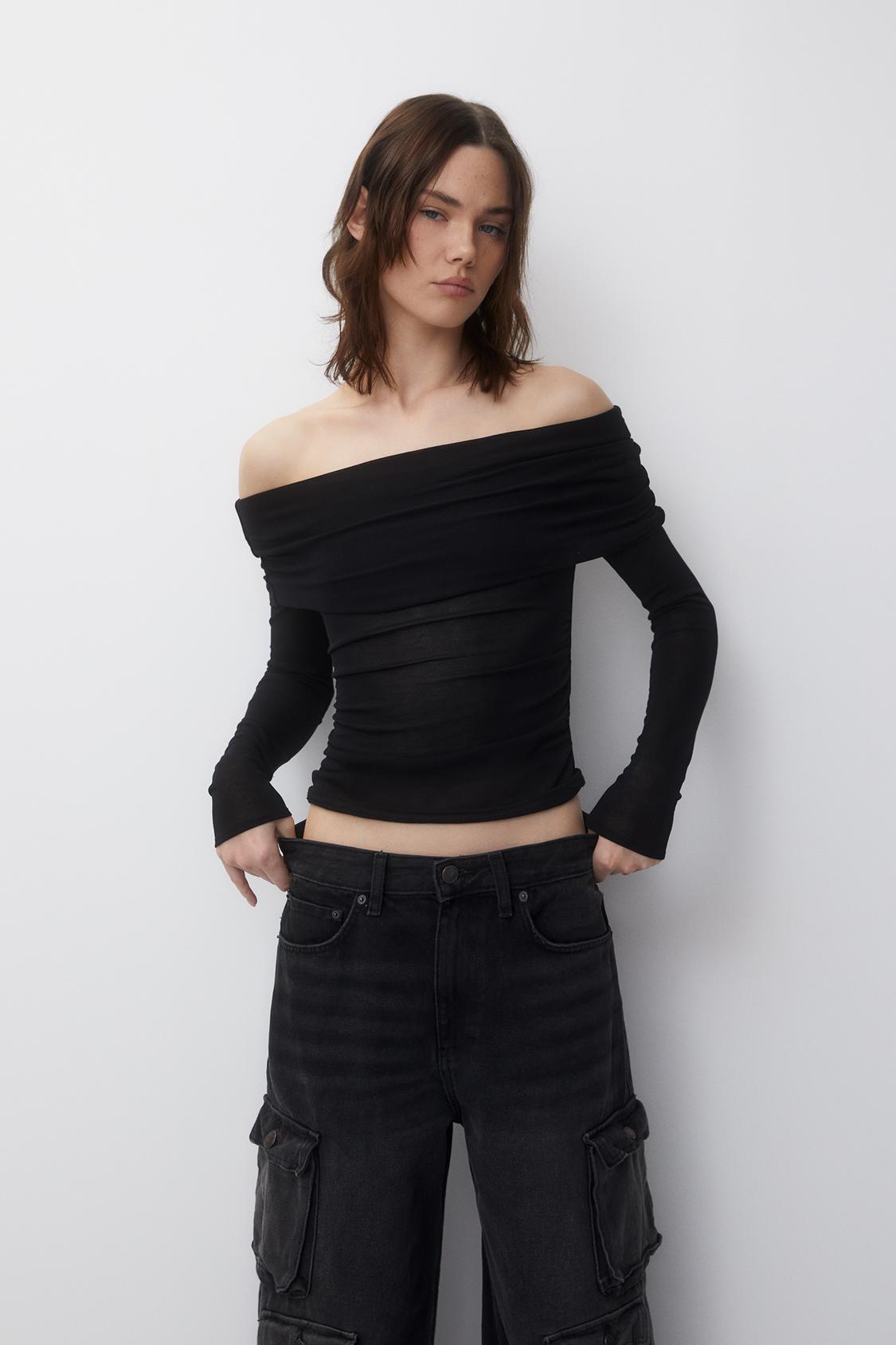 Sexy Strapless Long Sleeve T shirt Solid Color Elegant Sexy Slim Fit Crop Top