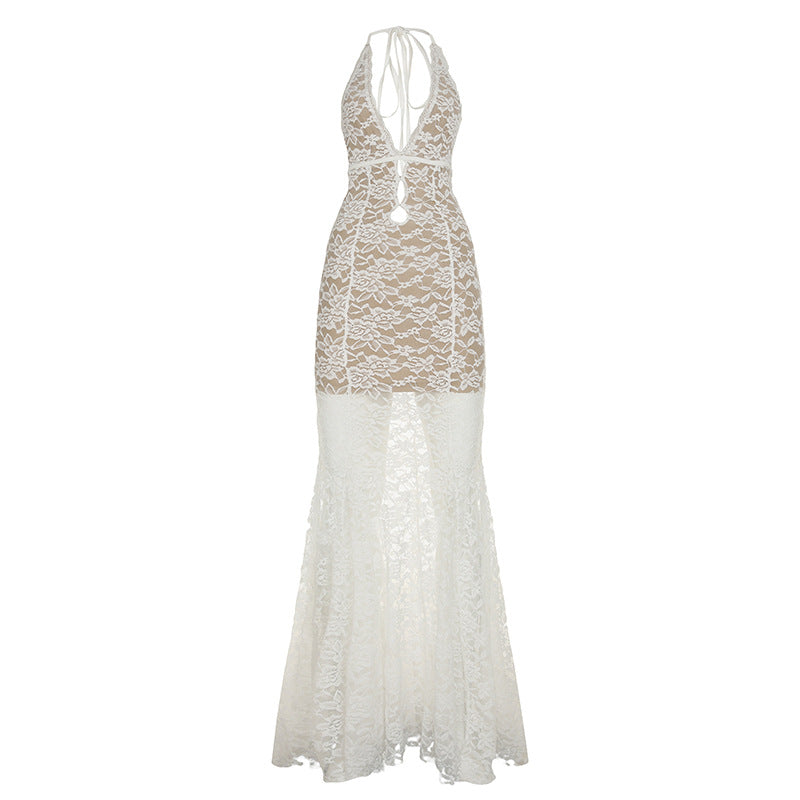 Vacation Sexy Lace Back Hollow Out Cutout out Strap Halter Deep V Plunge neck Slim Fit Dress Sexy See through Dress