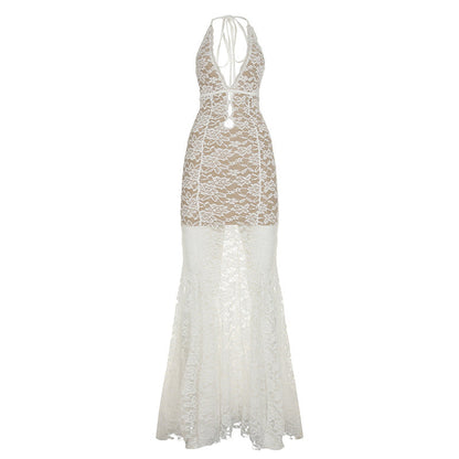 Vacation Sexy Lace Back Hollow Out Cutout out Strap Halter Deep V Plunge neck Slim Fit Dress Sexy See through Dress