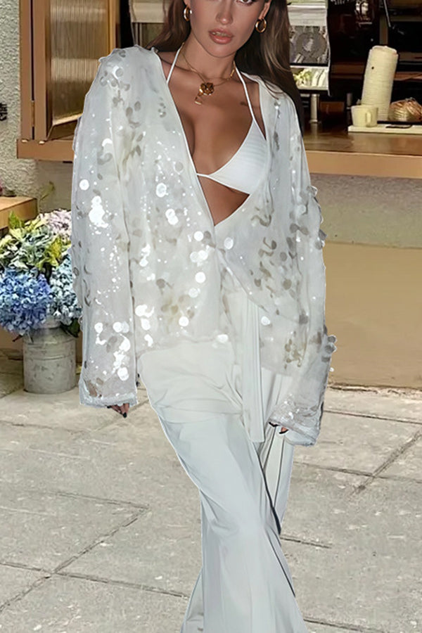 Fashion Sequined Casual Long-sleeved Tie Loose Coat