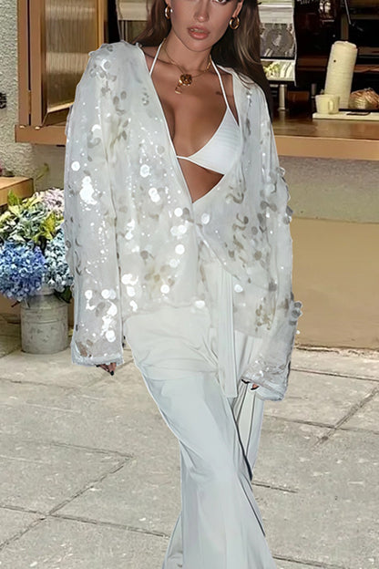 Fashion Sequined Casual Long-sleeved Tie Loose Coat