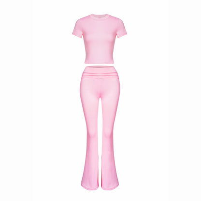 Women Clothing Spring Summer Casual Solid Color Slim Fit Short Sleeve Suit