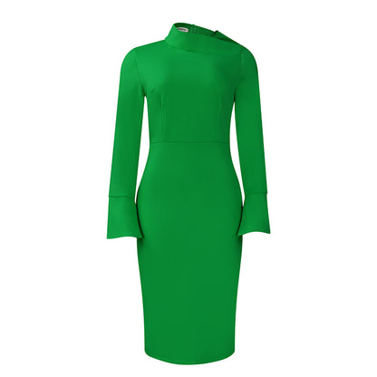 Autumn Winter Long Sleeve Narrow Office Diagonal Collar Solid Color Dress