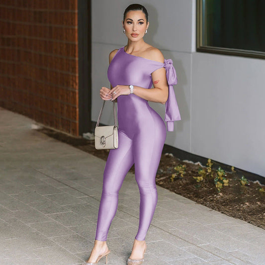 Women Clothing Summer One Shoulder Sexy Twisted Asymmetric Tight Jumpsuit