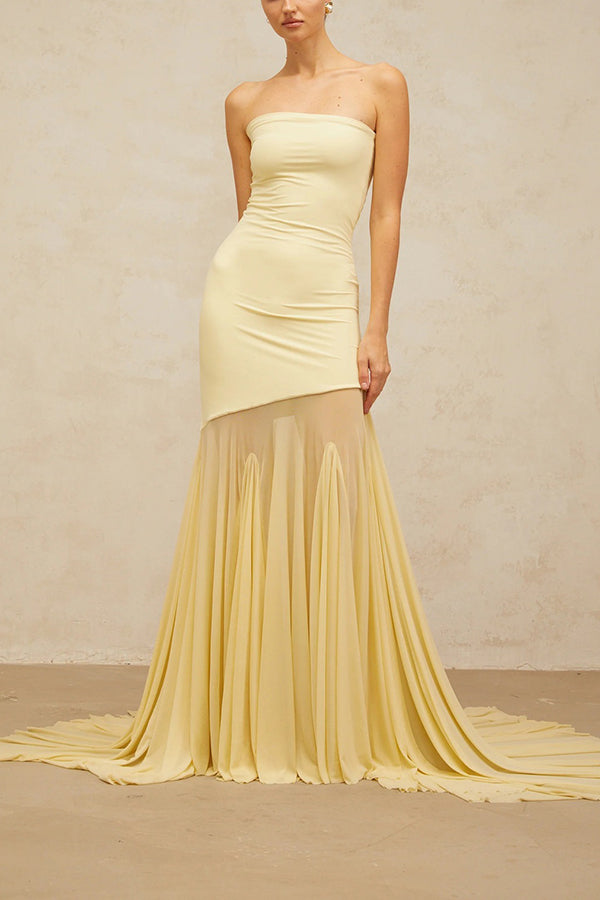Solid Color Sleeveless Off-shoulder Mesh-paneled Fitted Maxi Dress