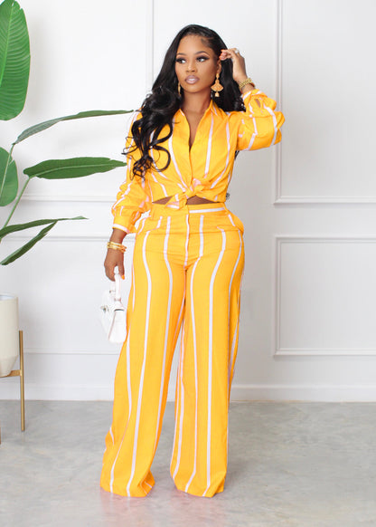Women Printed Striped Shirt Outfit Two-Piece Long Sleeve Loose Straight