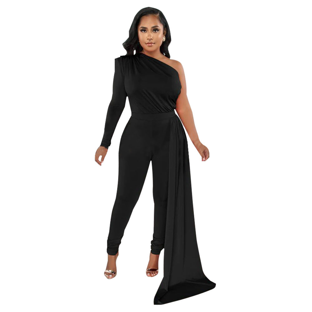 Women Autumn Pleated Shoulder Solid Color Tight Jumpsuit Women