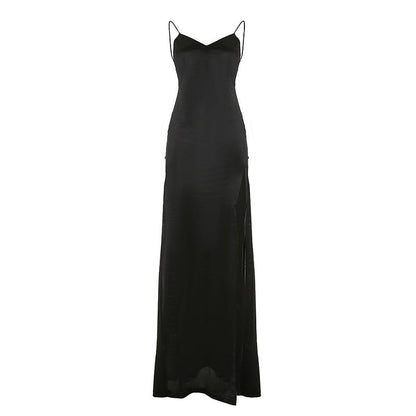 Sexy V neck Bare Back Split Dress Socialite Basic Bottoming Dress