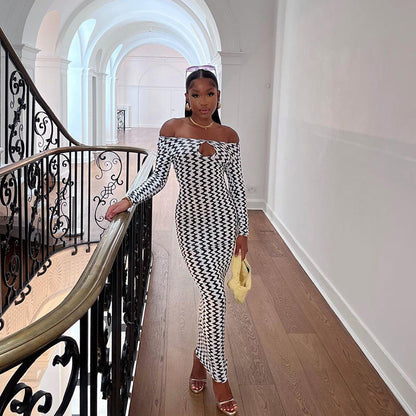 Autumn Winter Explosion Off The Neck Hollow Out Cutout Out Long Sleeve Corrugated Printed Dress Women Clothing