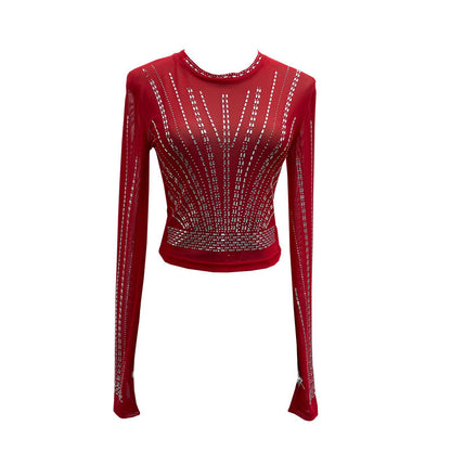 Diamond Embedded Thin Sheer Mesh Long Sleeve T shirt Slim Short Backless Top Women