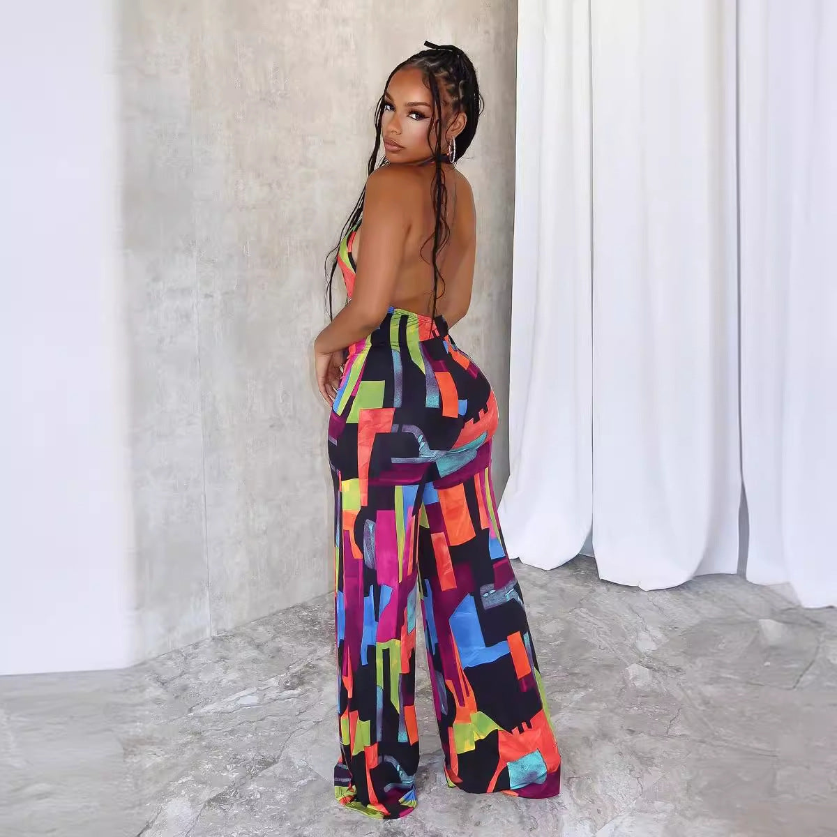 Sexy Printed Cross Halterneck Backless Stretch Slim Fit Bodysuit