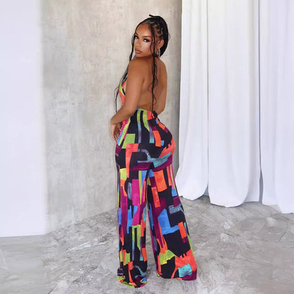 Sexy Printed Cross Halterneck Backless Stretch Slim Fit Bodysuit
