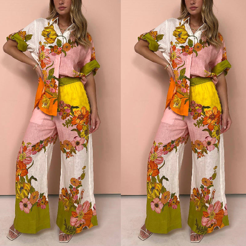 Printed Cotton Linen Two-Piece Suit Outfit Top Wide Leg Pants Amplified craft