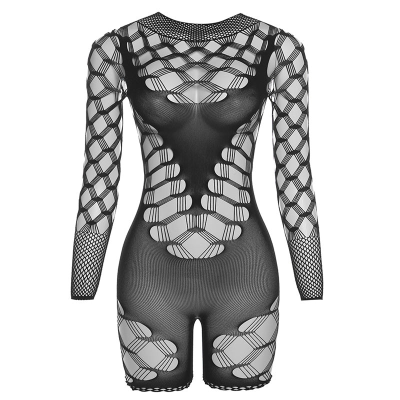 Summer Women Clothing Sexy See through High Waist Long Sleeves Mesh Skinny Sheath Jumpsuit
