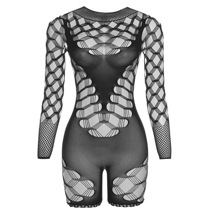 Summer Women Clothing Sexy See through High Waist Long Sleeves Mesh Skinny Sheath Jumpsuit