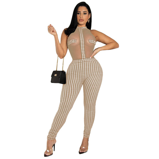 Women Clothing Summer Club Sleeveless Houndstooth Knitting Threads See-through Jumpsuit