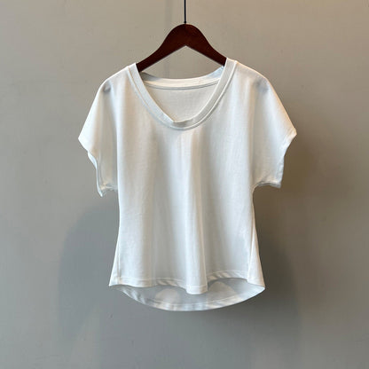 Three Dimensional Simple U Neck Short Sleeved T shirt for Women Summer Slimming Wide Sleeved Top