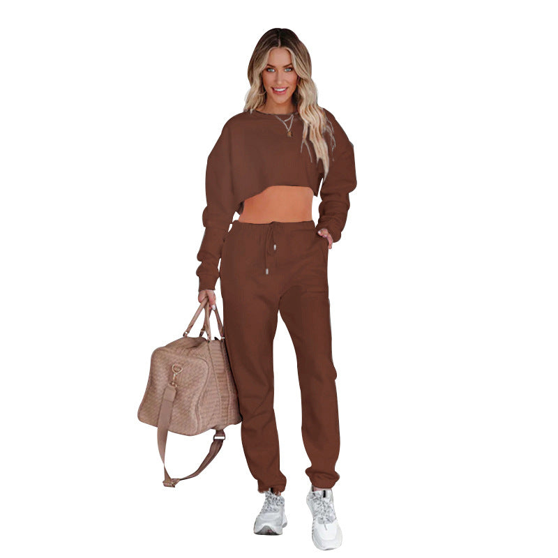 Autumn Winter Solid Color Round Neck Pullover Cropped Long Sleeve Sweaters Women’s Clothing Casual Drawstring Trousers Suit