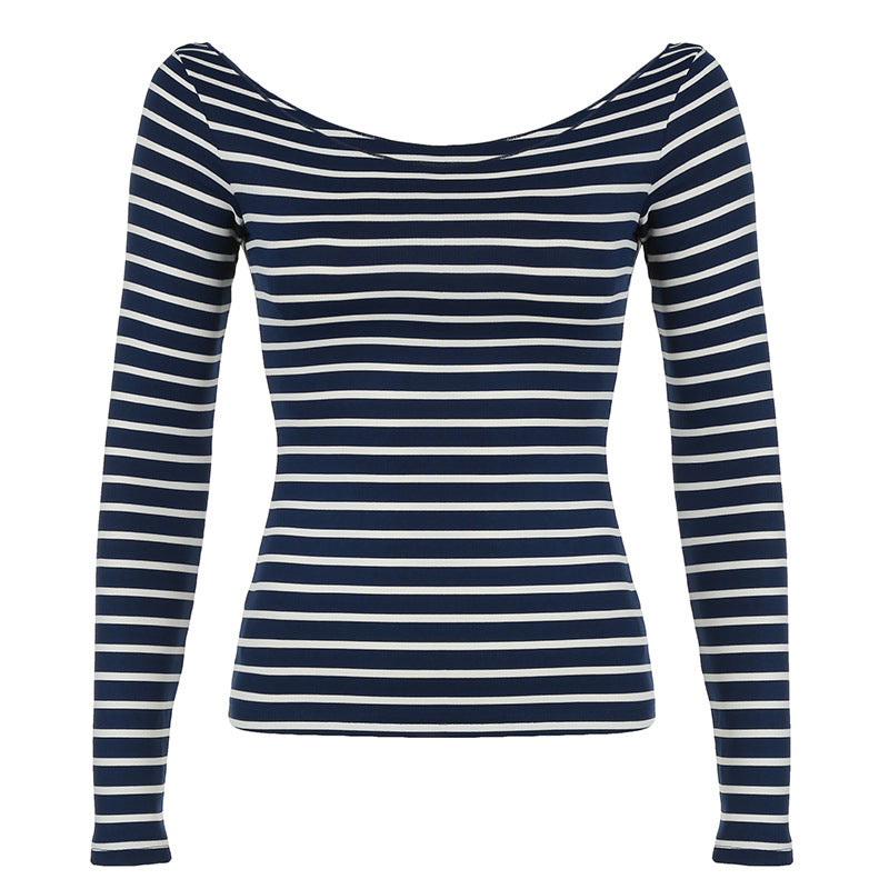 Off Shoulder Striped Lightweight Slim Fit Long Sleeve Blouse Sexy off Shoulder Simple All Match Slim Fit Casual Shirt