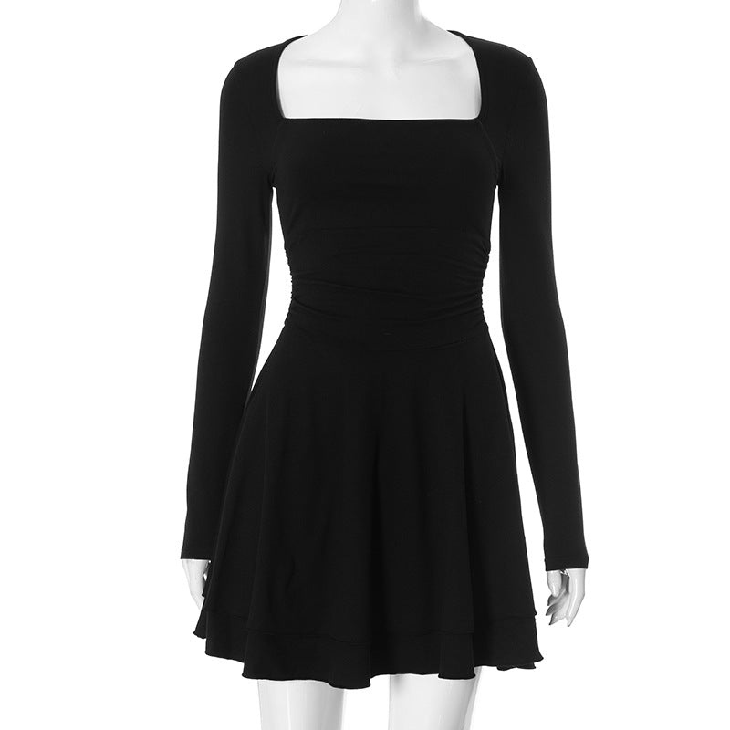 Women Clothing Square Collar Long Sleeve Waist Trimming Ruffles Simple Elegant Dress