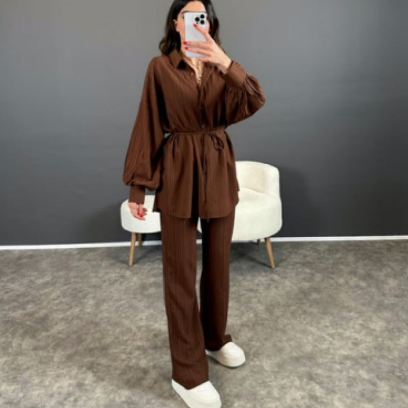 Women Bubble Long Sleeve Loose Lace up Shirt Straight Casual Pants Two Pieces Sets