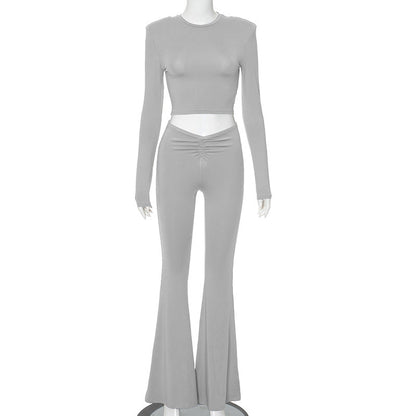 Women Clothing Summer Solid Color Padded Shoulder Long Sleeve Top High Waist Trousers Set